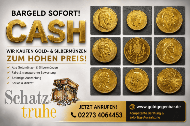Goldankauf Online & Lokal in NRW – Fair verkaufen bei der Schatztruhe 14 Münzen ankaufen in Gold und Silber zum hohen Preis - Bargeld sofort